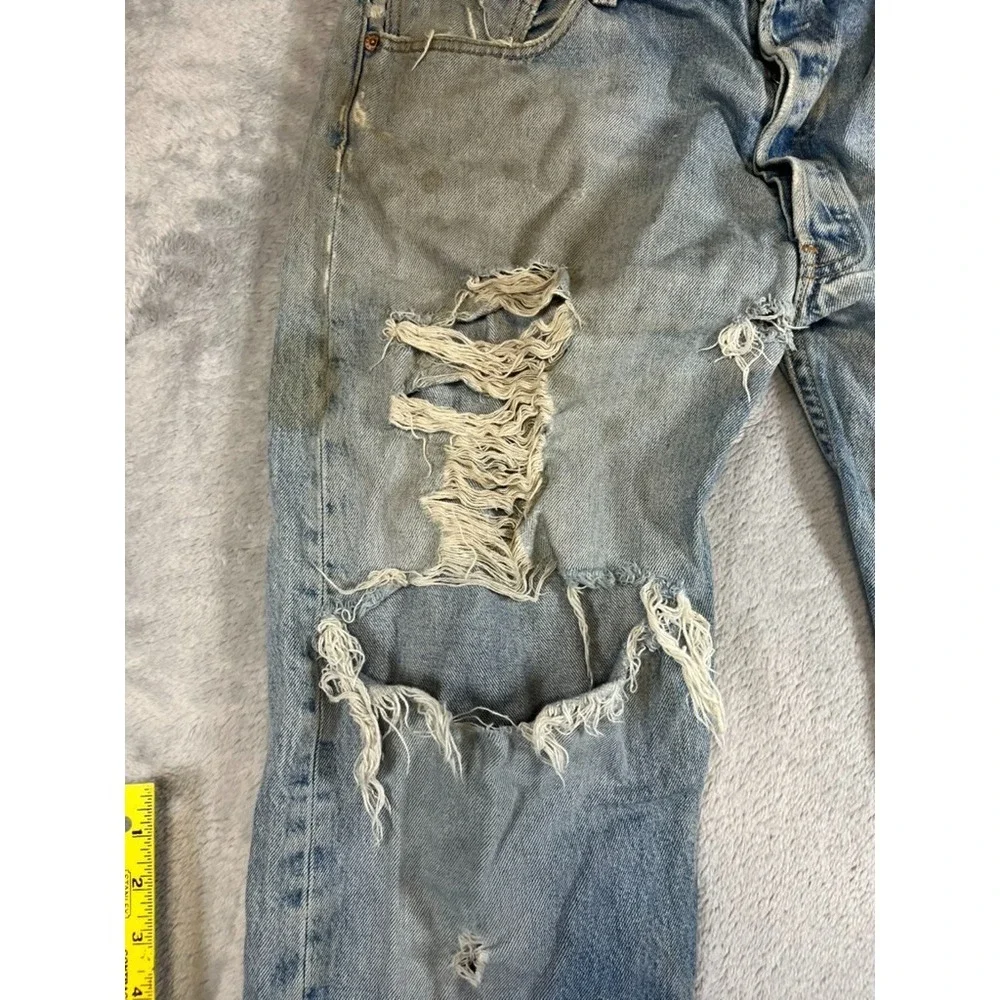 VTG Levis 501 Button Fly Red Tag Distressed Men 38x34 Light Washer Biker Style - Picture 4 of 15
